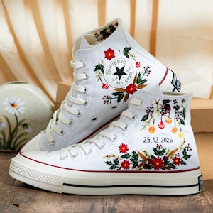 Custom Christmas Embroidered Converse Chuck Taylor High Tops, Converse Embroidery With Christmas & Floral, Personalized Shoes, Holiday Gifts