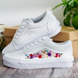 Custom Embroidered Vans Old Shool, Pet Embroidered Wedding Vans, Flowers and Dog Embroidered Shoes Custom, Personalized Bridal Sneakers