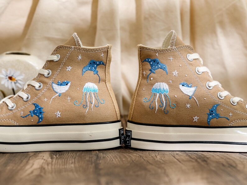 Custom Ray Embroidered Converse Shoes, Ray and Jellyfish Embroidered Sneaker, Respect The Locals Converse Surfing Shoes, Gift for Sea Lover