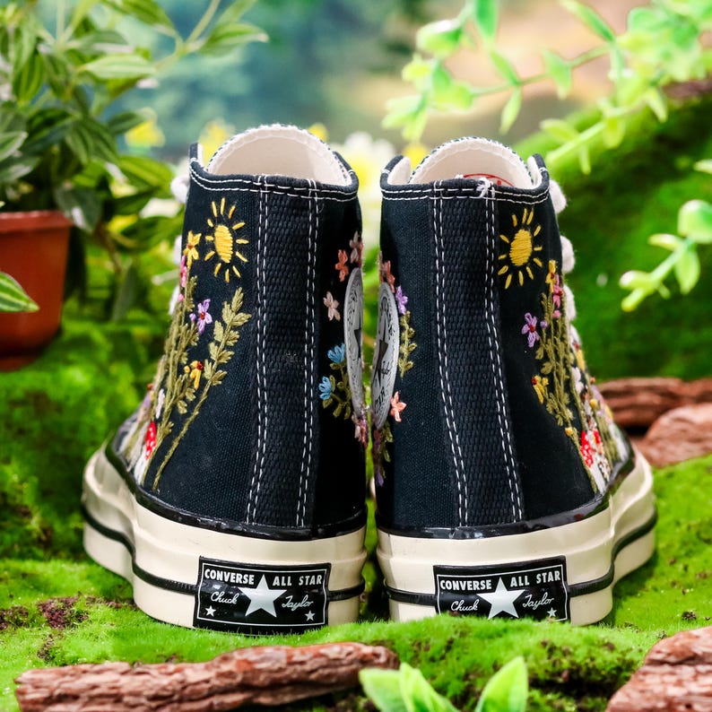 Custom Converse Embroidery Hedgehog, Sunshine & Colorful Summer Garden Embroidered Converse Shoes, Embroidered Converse Flower, Gift for Her