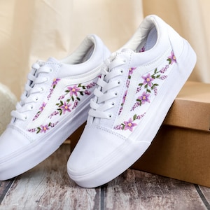 Embroidered Vans Custom, Purple Lily Embroidery Vans for Bridel, Flower Embroidered Shoe, Sneaker Embroidery Floral, Meaningful Wedding Gift