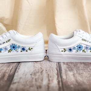 Bridal Flowers Embroidered Vans Wedding for Bride, Custom Vans Embroidery Floral Blue Embroidered Vans Slip On, Wedding Sneake, Gift For Her