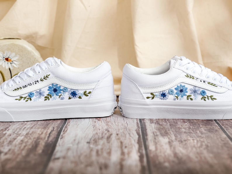 Bridal Flowers Embroidered Vans Wedding for Bride, Custom Vans Embroidery Floral Blue Embroidered Vans Slip On, Wedding Sneake, Gift For Her