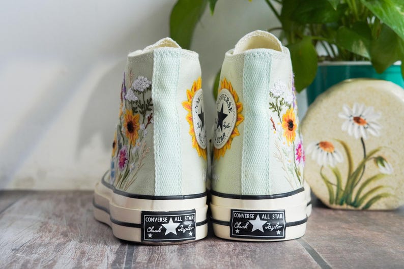 Custom Converse Chuck Taylor Embroidered Garden Flowers, Sunflower Embroidered Converse, Garden Sunflowers Embroidered Sneaker, Gift For Her