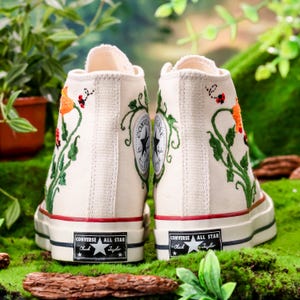 Custom Converse Embroidery, Trumpet Creeper Flower Embroidered Converse, Trumpet Vine and Ladybug Embroidered Shoes Custom , Gift for Her