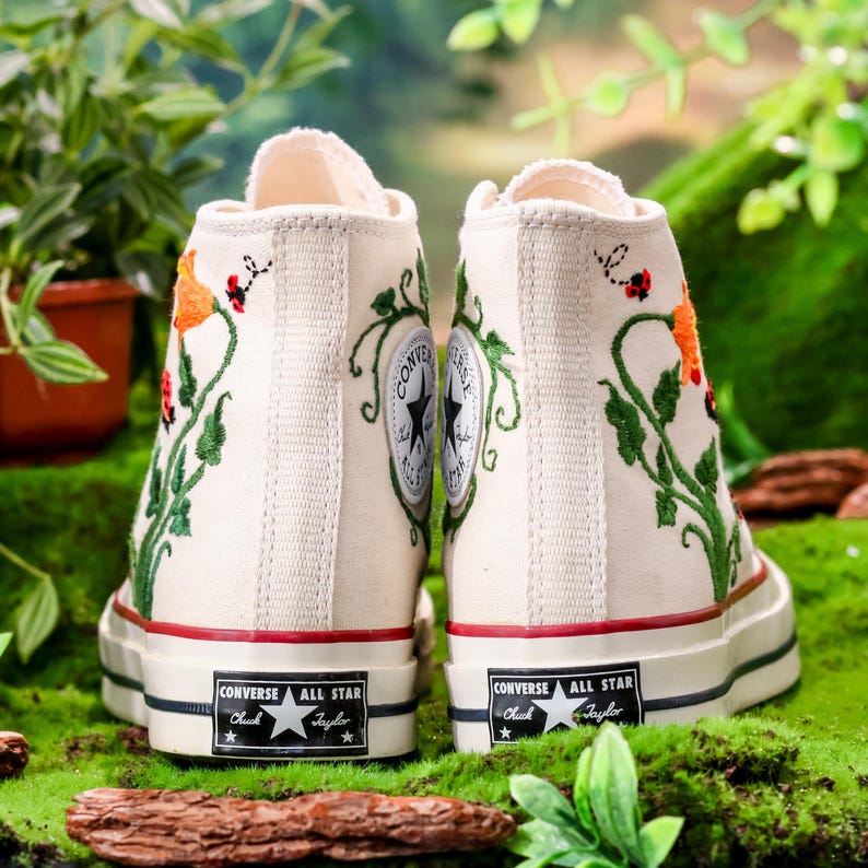 Custom Converse Embroidery, Trumpet Creeper Flower Embroidered Converse, Trumpet Vine and Ladybug Embroidered Shoes Custom , Gift for Her