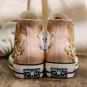 Embroidered Converse Custom, Wildflowers Embroidered Shoes, Chrysanthemum Embroidered Sneakers, Brown Converse Embroidery Flower for Her