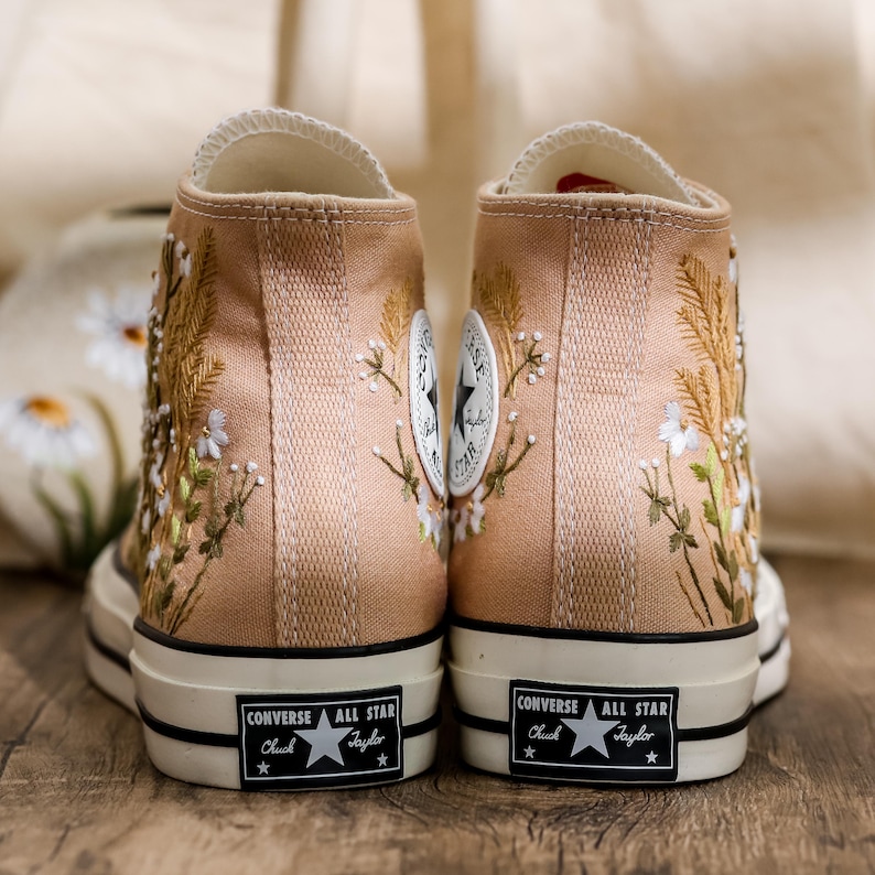 Embroidered Converse Custom, Wildflowers Embroidered Shoes, Chrysanthemum Embroidered Sneakers, Brown Converse Embroidery Flower for Her