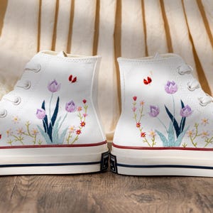 Customized Converse Shoes, Embroidered Converse Chuck 70 High Tops, Sneakers Embroidery Tulip And Butterfly, Custom Bride Shoes, Women Gift
