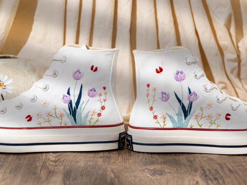 Customized Converse Shoes, Embroidered Converse Chuck 70 High Tops, Sneakers Embroidery Tulip And Butterfly, Custom Bride Shoes, Women Gift