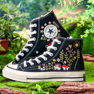 Custom Converse Embroidery Hedgehog, Sunshine & Colorful Summer Garden Embroidered Converse Shoes, Embroidered Converse Flower, Gift for Her