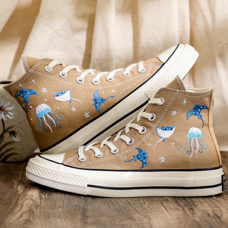 Custom Ray Embroidered Converse Shoes, Ray and Jellyfish Embroidered Sneaker, Respect The Locals Converse Surfing Shoes, Gift for Sea Lover