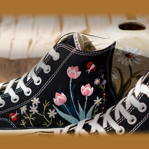 Handmade Converse Embroidery Floral, Custom Embroidered Converse High Top, Black Canvas Shoes Embroidery Tulip And Butterfly, Romantic Gift