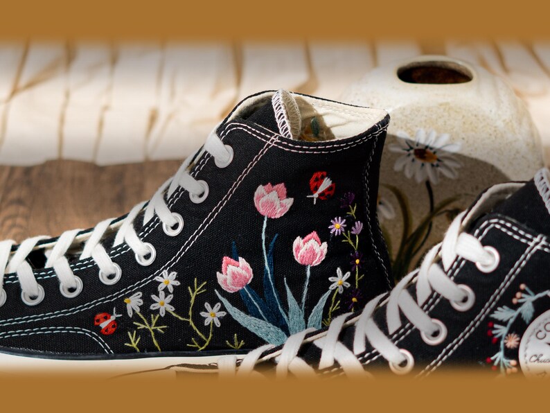 Handmade Converse Embroidery Floral, Custom Embroidered Converse High Top, Black Canvas Shoes Embroidery Tulip And Butterfly, Romantic Gift