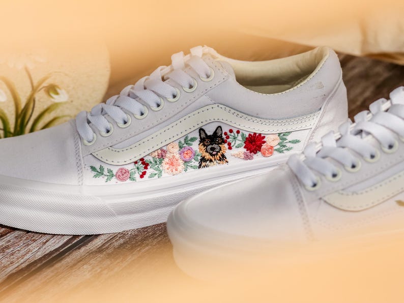 Custom Embroidered Vans Old Skool, Flowers, Pet Embroidered Wedding Reception Shoes, Floral Embroidered Sneaker, Personalized Bridal Sneaker