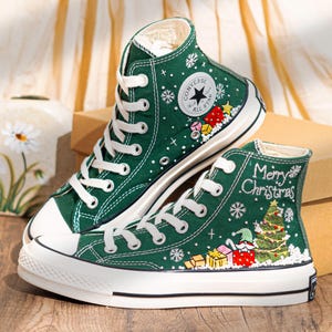 Green Christmas Converse Embroidered Santa, Snowflakes & Tree Embroidery　Shoes, Merry Christmas Personalized Converse, Holiday Gift for Her