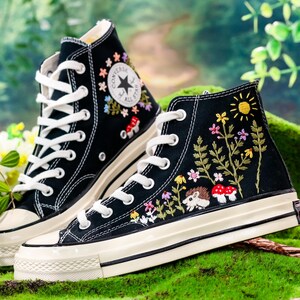 Custom Converse Embroidery Hedgehog, Sunshine & Colorful Summer Garden Embroidered Converse Shoes, Embroidered Converse Flower, Gift for Her