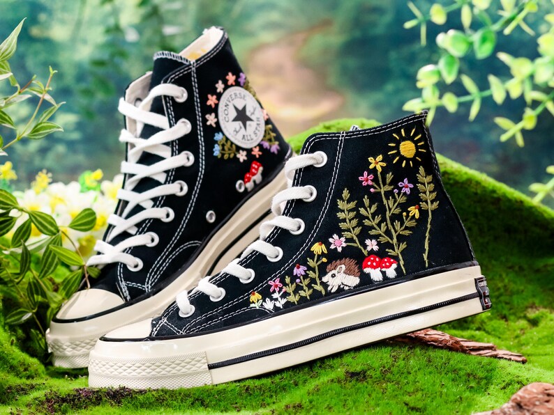 Custom Converse Embroidery Hedgehog, Sunshine & Colorful Summer Garden Embroidered Converse Shoes, Embroidered Converse Flower, Gift for Her
