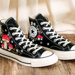 Embroidered Mushroom Converse High Tops 1970s, Mushroom Embroidered Shoes for Women, Garden Mushrooms, Strawberry, Bees Embroidered Sneakers