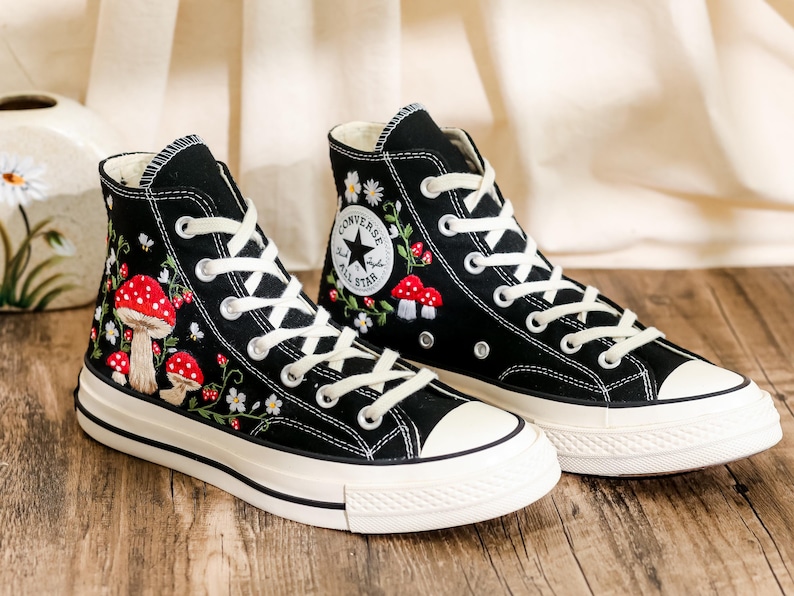 Embroidered Mushroom Converse High Tops 1970s, Mushroom Embroidered Shoes for Women, Garden Mushrooms, Strawberry, Bees Embroidered Sneakers