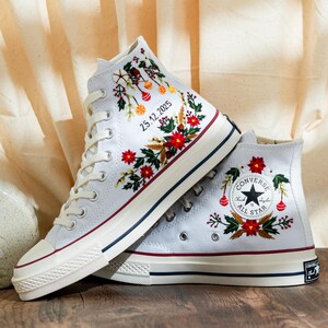 Custom Christmas Embroidered Converse Chuck Taylor High Tops, Converse Embroidery With Christmas & Floral, Personalized Shoes, Holiday Gifts
