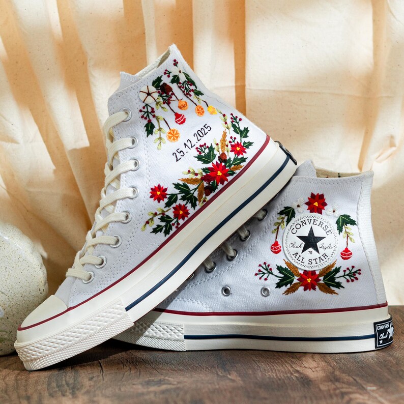 Custom Christmas Embroidered Converse Chuck Taylor High Tops, Converse Embroidery With Christmas & Floral, Personalized Shoes, Holiday Gifts