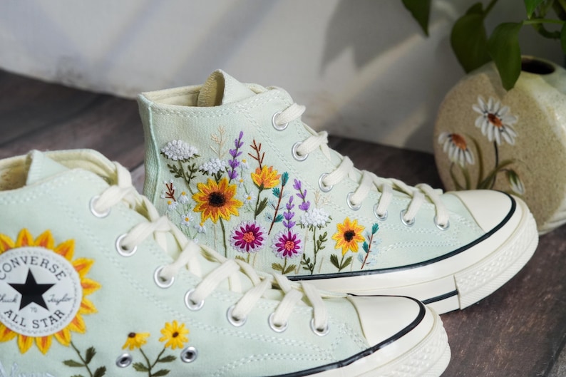 Custom Converse Chuck Taylor Embroidered Garden Flowers, Sunflower Embroidered Converse, Garden Sunflowers Embroidered Sneaker, Gift For Her