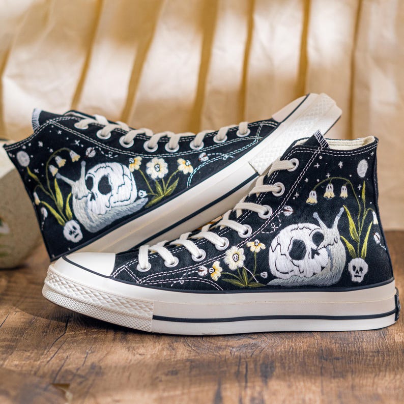 Custom Gothic Embroidered Converse High Tops, Black Canvas Sneakers Embroidery With Skull And Snail, Halloween Converse Shoes, Unique Gifts