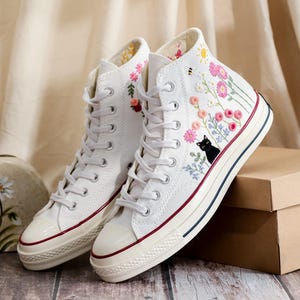 Cat Embroidered Converse, Flower Cat Embroidered Converse, Embroidered Converse Custom Pet, Cat Embroidered Sneakers, Birthday Gift