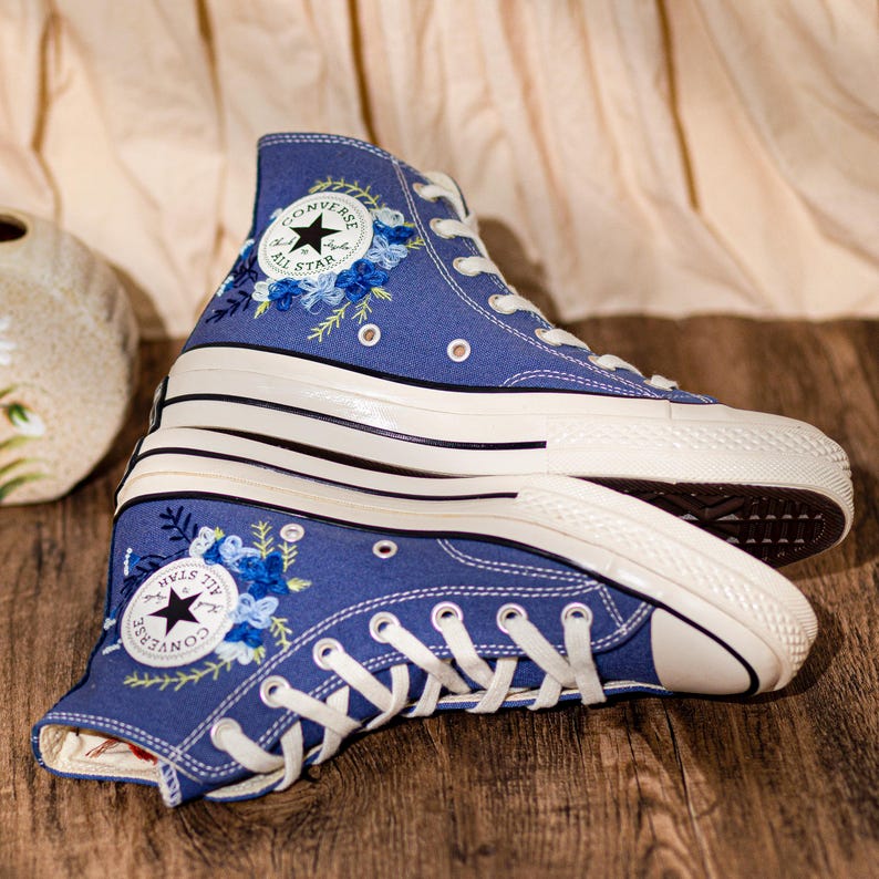 Blue Converse Chuck Taylor 1970s: Custom Floral Embroidered Bridal Sneakers