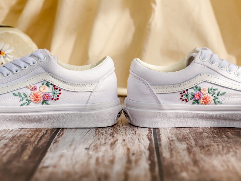 Custom Embroidered Vans Old Skool, Flowers, Pet Embroidered Wedding Reception Shoes, Floral Embroidered Sneaker, Personalized Bridal Sneaker