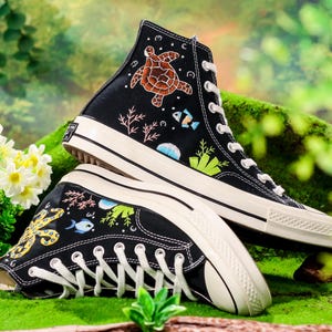 Embroidered Converse Ocean, Octopus Embroidered Shoes Custom, Converse Embroidery Turtle and Octopus, Ocean Embroidered Sneaker, Diver Gifts