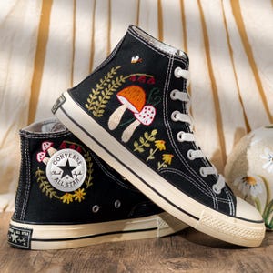 Customized Converse Shoes Embroidery Mushroom, Black High Top Sneakers Embroidered Floral Design, Vintage Embroidery Converse, Handmade Gift