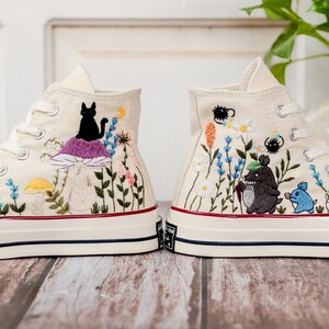 Mushroom and Black Cat Embroidered Converse, Custom Halloween Embroidered Sneakers,Pet Embroidered Shoes, Hand Embroidered Gift for Her