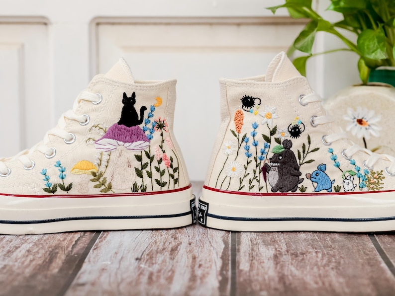 Mushroom and Black Cat Embroidered Converse, Custom Halloween Embroidered Sneakers,Pet Embroidered Shoes, Hand Embroidered Gift for Her