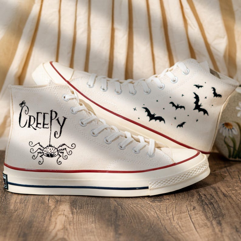 Unique Personalized Embroidered Converse High Tops, Custom Halloween Embroidery Sneakers, Creepy Spider Embroidery Converse, Halloween Gift