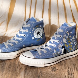 Blue Denim Cat And Floral Design Embroidery Converse, Custom Embroidered Sneakers High Top, Unique Converse Shoes, Custom Gift For Cat Lover