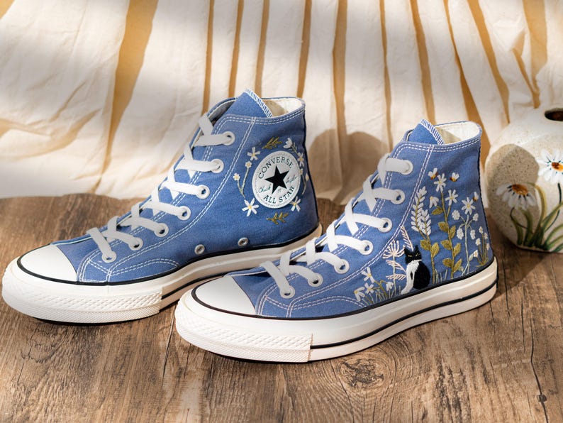 Blue Denim Cat And Floral Design Embroidery Converse, Custom Embroidered Sneakers High Top, Unique Converse Shoes, Custom Gift For Cat Lover