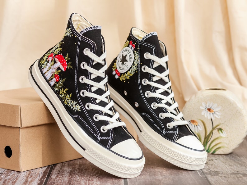 Custom Embroidered Converse Chuck Taylor 1970s, Mushrooms Embroidered Sneakers Custom, Mushrooms Embroidered Converse Shoes, Gifts for Her