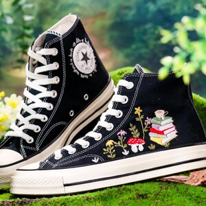 Custom Converse Embroidered Book, Mushrooms, Flowers Embroidery Shoes, Flower Garden, Book Embroidered Converse, Unique Graduation Gift