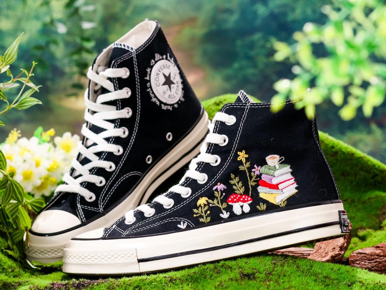 Custom Converse Embroidered Book, Mushrooms, Flowers Embroidery Shoes, Flower Garden, Book Embroidered Converse, Unique Graduation Gift