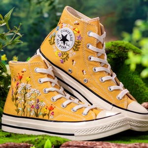 Embroidered Yellow Converse,Custom High Tops Embroidered Tiny Wildflower Garden, Flower Embroidered Converse Shoes,Floral Embroidery Sneaker