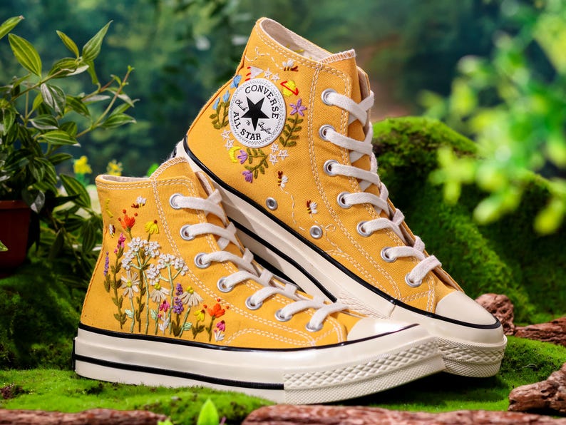 Embroidered Yellow Converse,Custom High Tops Embroidered Tiny Wildflower Garden, Flower Embroidered Converse Shoes,Floral Embroidery Sneaker