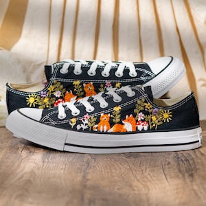 Hand Embroidered Converse Low Top Sneakers, Custom Black Shoes Embroidery Fox And Wildflower, Handmade Nature Art Converse, Unique Gift Idea