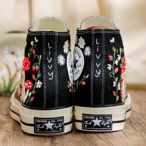 Embroidered Mushroom Converse High Tops 1970s, Mushroom Embroidered Shoes for Women, Garden Mushrooms, Strawberry, Bees Embroidered Sneakers