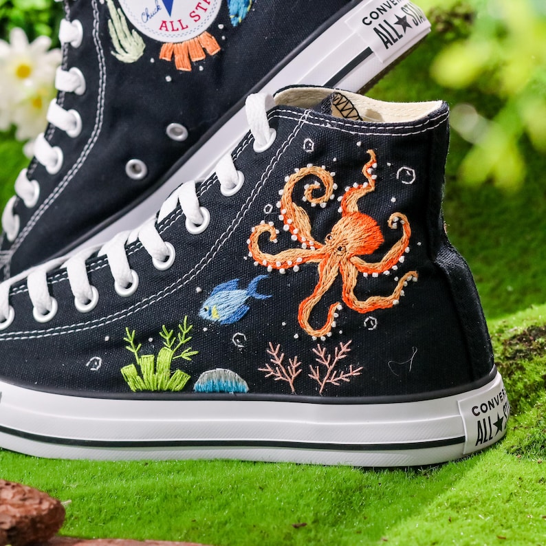 Custom Embroidered Converse, Octopus and Sea Turtle Embroidered Shoes Custom, Ocean and Coral, Fish Embroidered Sneakers Custom, Diver Gifts