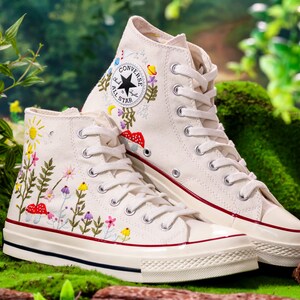 Custom Embroidered Converse High Tops, Graden Flower and Mushroom Embroidered Shoes, Floral Embroidered Sneakers Custom, Gift for Her