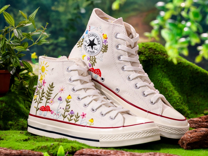 Custom Embroidered Converse High Tops, Graden Flower and Mushroom Embroidered Shoes, Floral Embroidered Sneakers Custom, Gift for Her