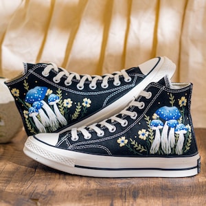 Mystical Embroidered Converse High Tops, Black Sneakers Embroidery With Blue Mushroom Embroidery & Floral, Unique Custom Shoes, Custom Gifts