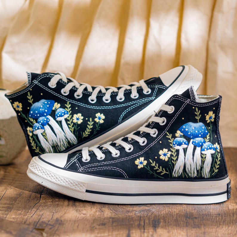 Mystical Embroidered Converse High Tops, Black Sneakers Embroidery With Blue Mushroom Embroidery & Floral, Unique Custom Shoes, Custom Gifts